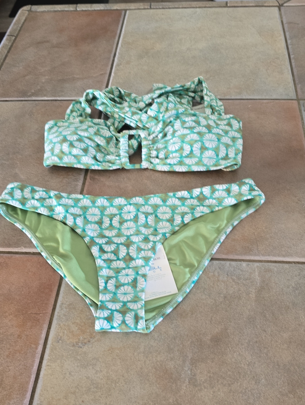 O'Neill Green Floral Print Bikini Top and Bottom Sz Med Nwt